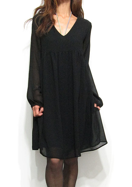 Dress129 Hi-Waist V-Neck Chiffon Dress/Black