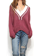 Knit189 Deep V College Sweater/Burgundy