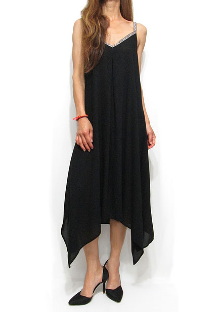 Dress106 Ribbon Strap Side-Tail Dress/Black