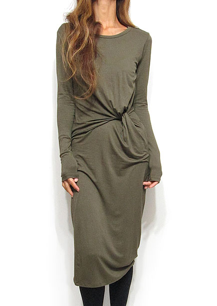 Dress115 Ruched Waist Comfy Midi Dress/Olive