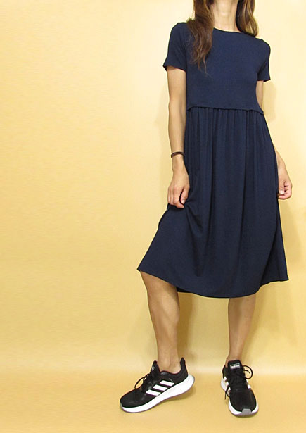 Dress153 Simple Knee-Length Gathered Dress/Navy