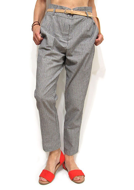Pants239 Pin-Stripe Ankle Tapered Pants with Belt/Grey
