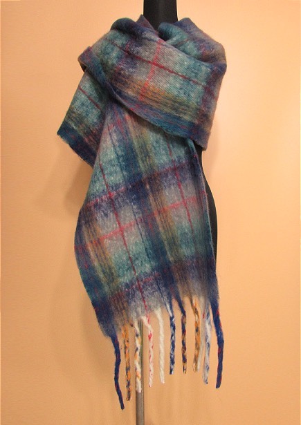 carf157 Plaid Oblong Long Fringed Stole/Green Mix