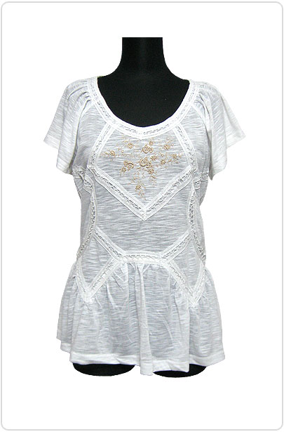 Tops323 Embroidered T w/ Lace Trim/White