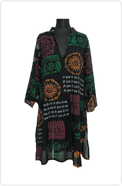Tops370 Tunic Dress w/ Ethnic Print/Black