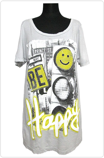 Tops551 Be Happy Loose-Fitted T-Shirt/Grey