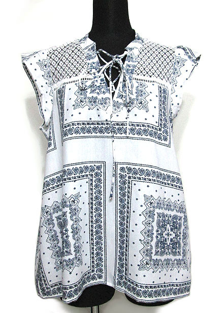 Tops655 Embroidery Print Cap Sleeve Top/White