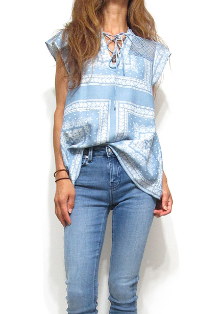 Tops656 Embroidery Print Cap Sleeve Top/Blue