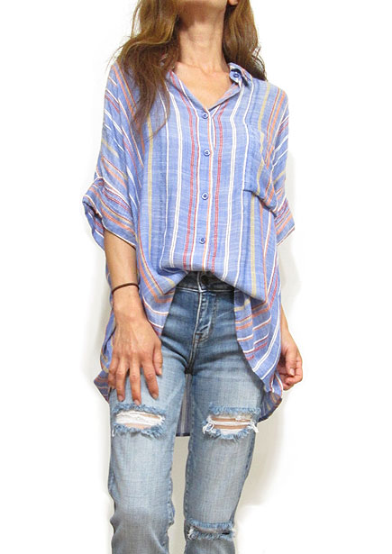 Tops759 Embroidery Stripe Drop Shoulder Shirt/Blue